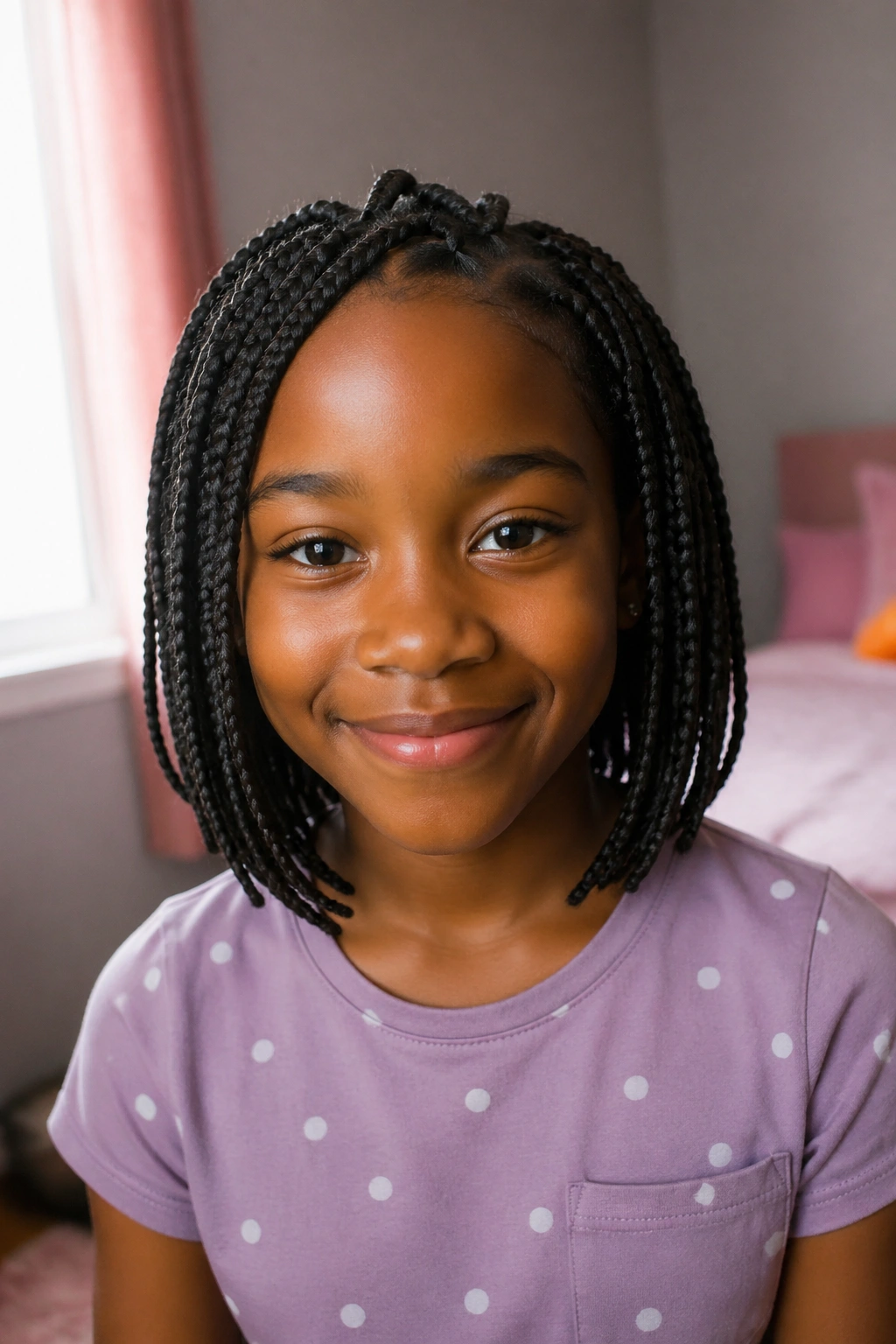 Close-up of a real child with shoulder-length box braids in natural light