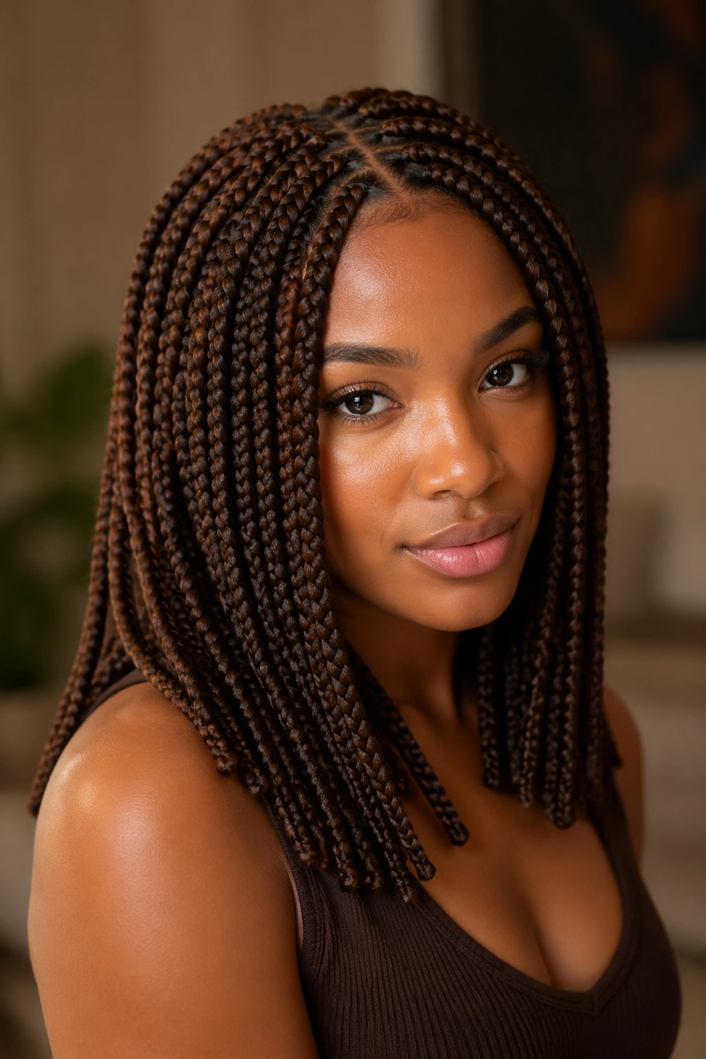 Close-up of a real woman with chocolate brown box braids filling the frame