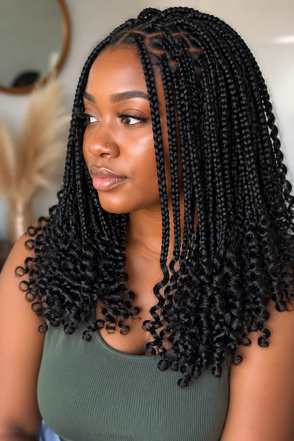 Real woman with box braids ending in tight coily curls.
