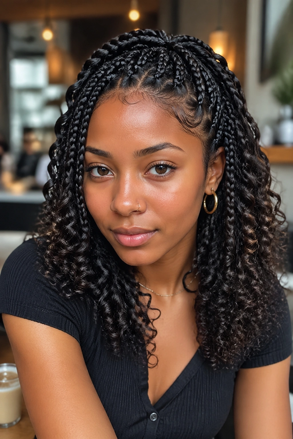 Close-up of box braids crown with curl cascade on a real person.