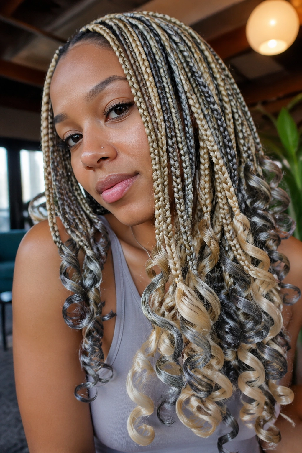 Real person with box braids in blonde and grey featuring curled ends in a cozy cafe interior.