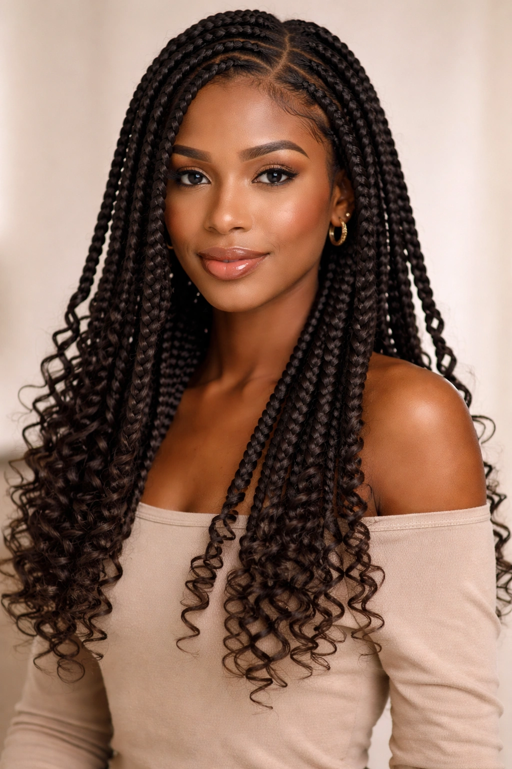Close-up of classic box braids with curly ends on a single head, medium braids, shoulder-length curls