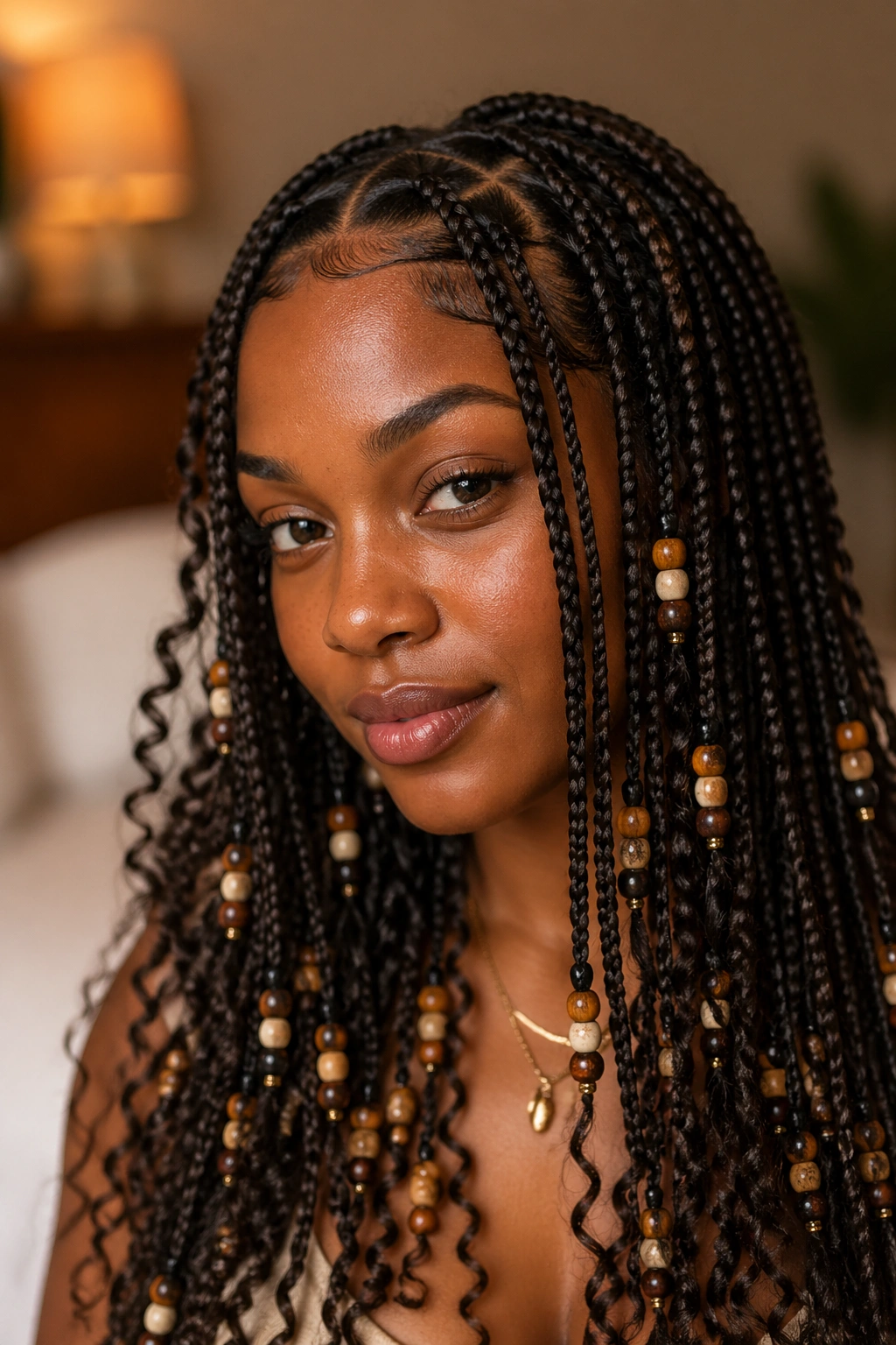 Real woman with knotless box braids, curls, and beads