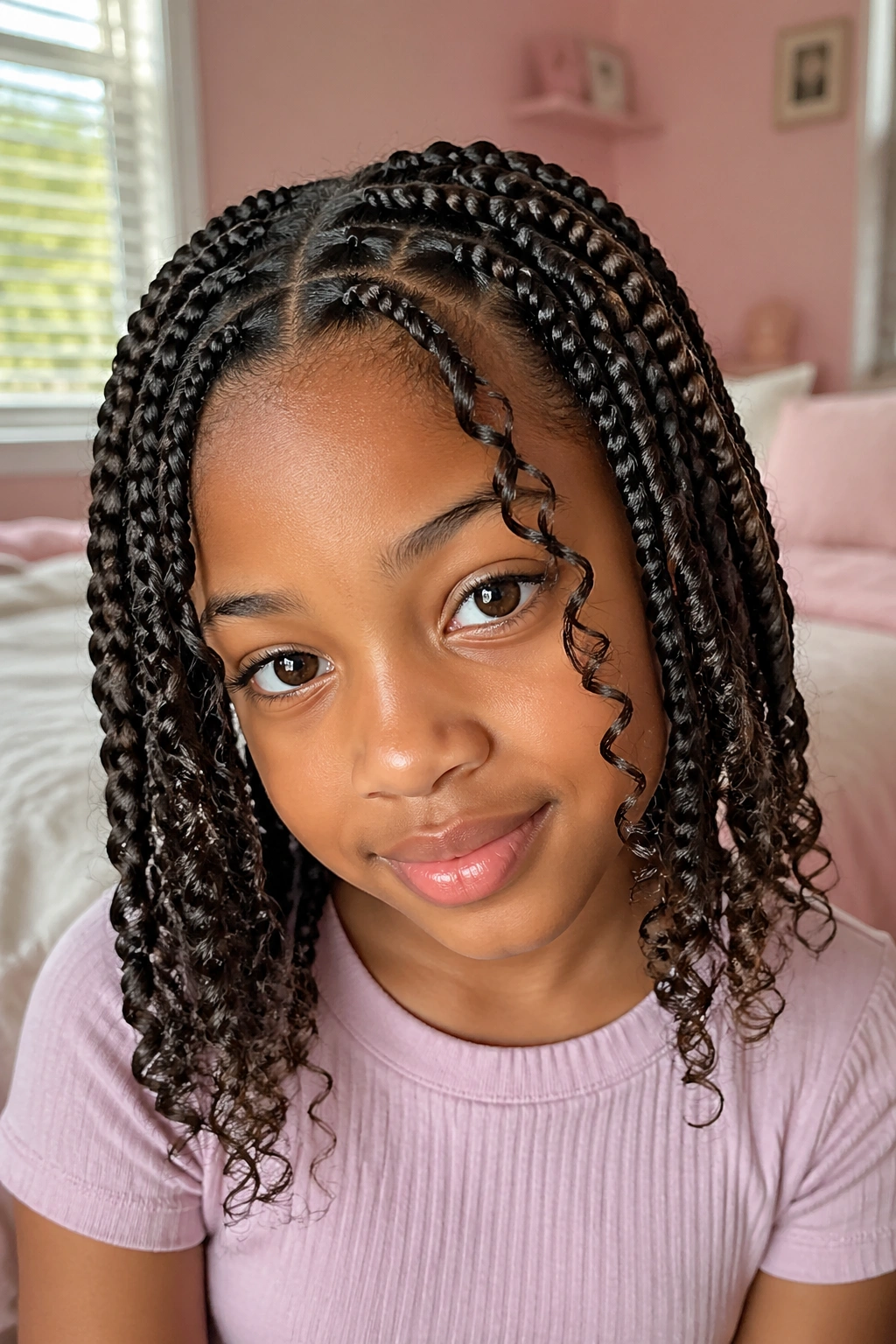 Close-up of a real child girl with box braids and curly side pieces framing the face.