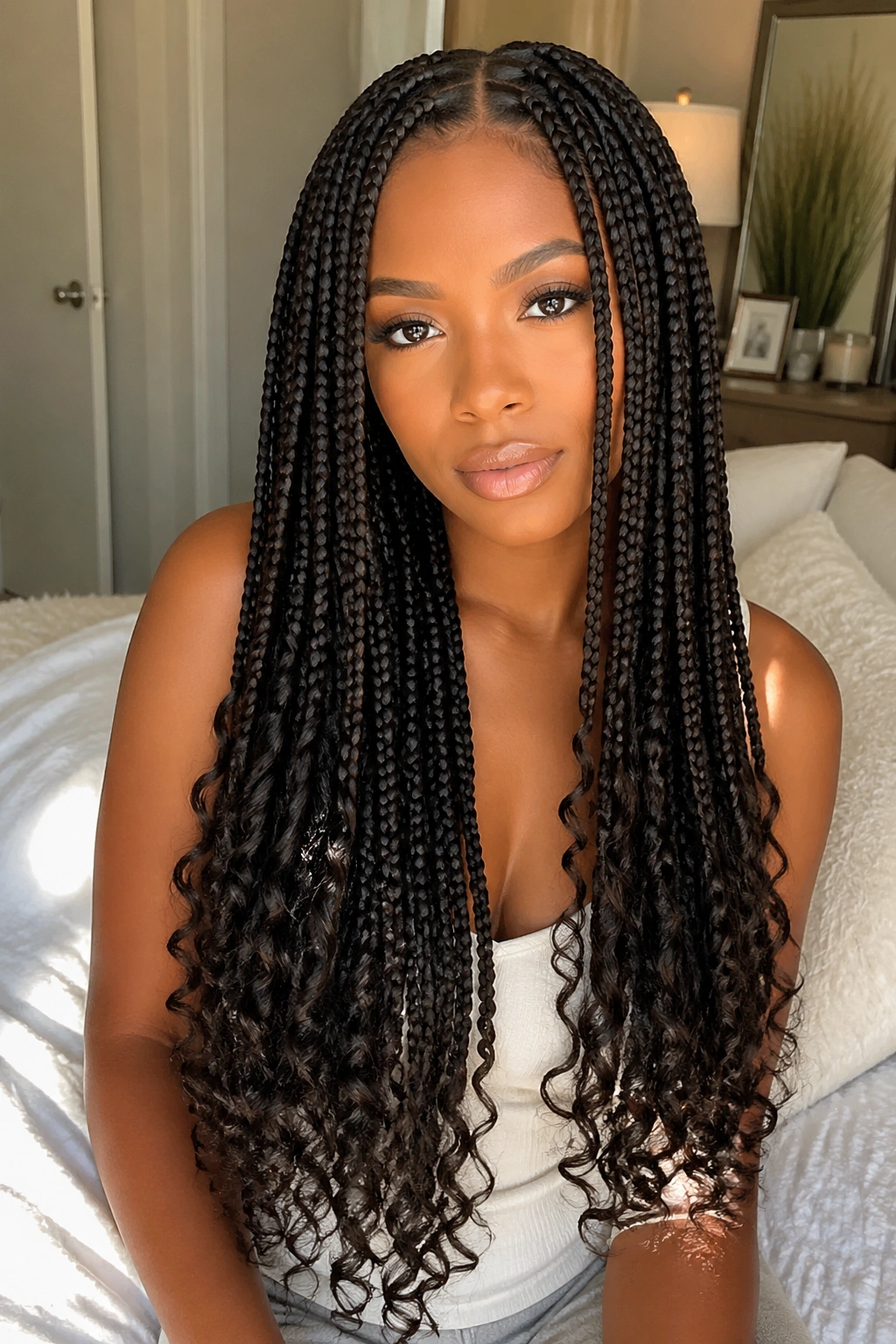 Close-up of a real woman with waist-length box braids and loose curly ends in a cozy bedroom.