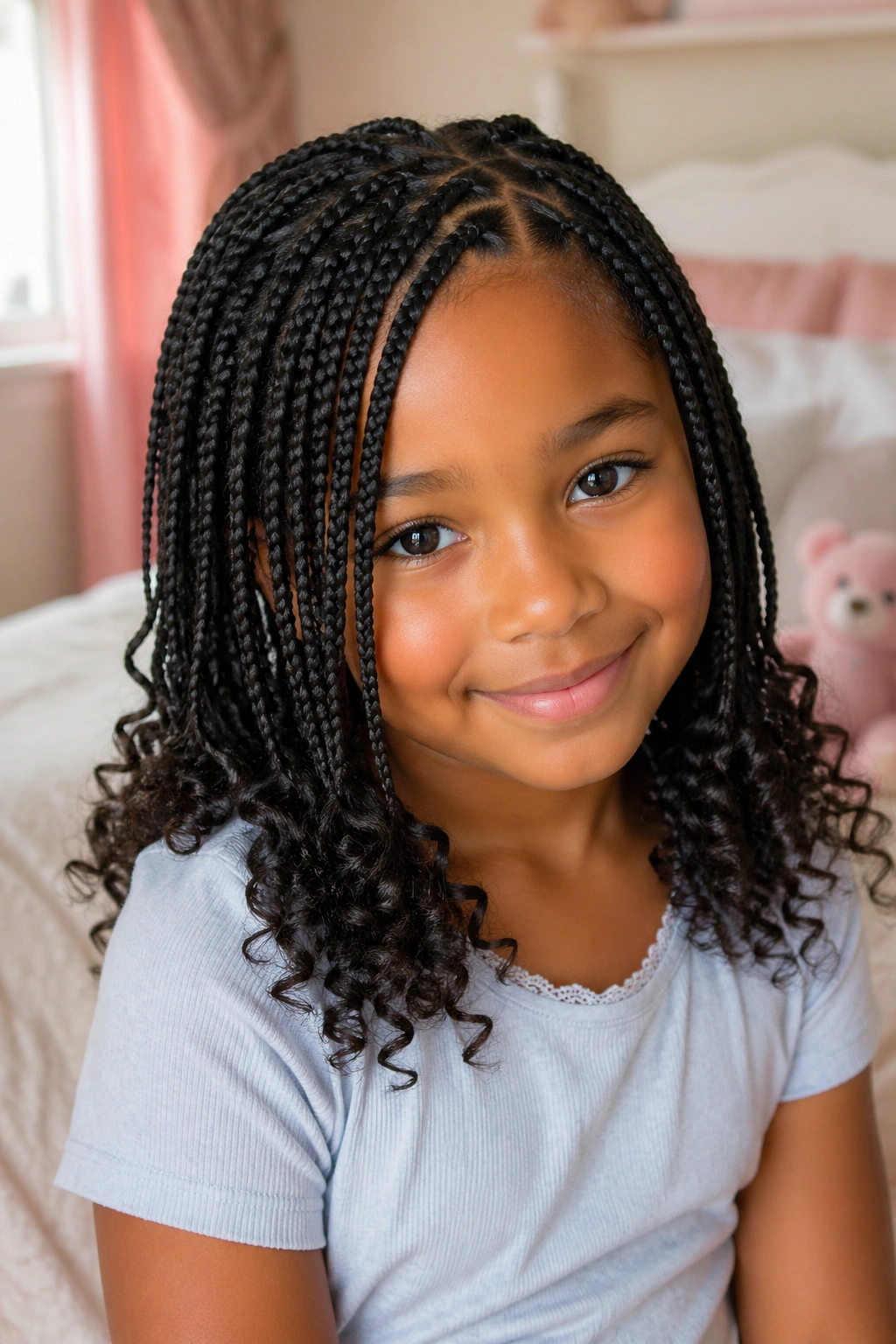 Close-up of a young girl with curly-ended box braids in warm bedroom light