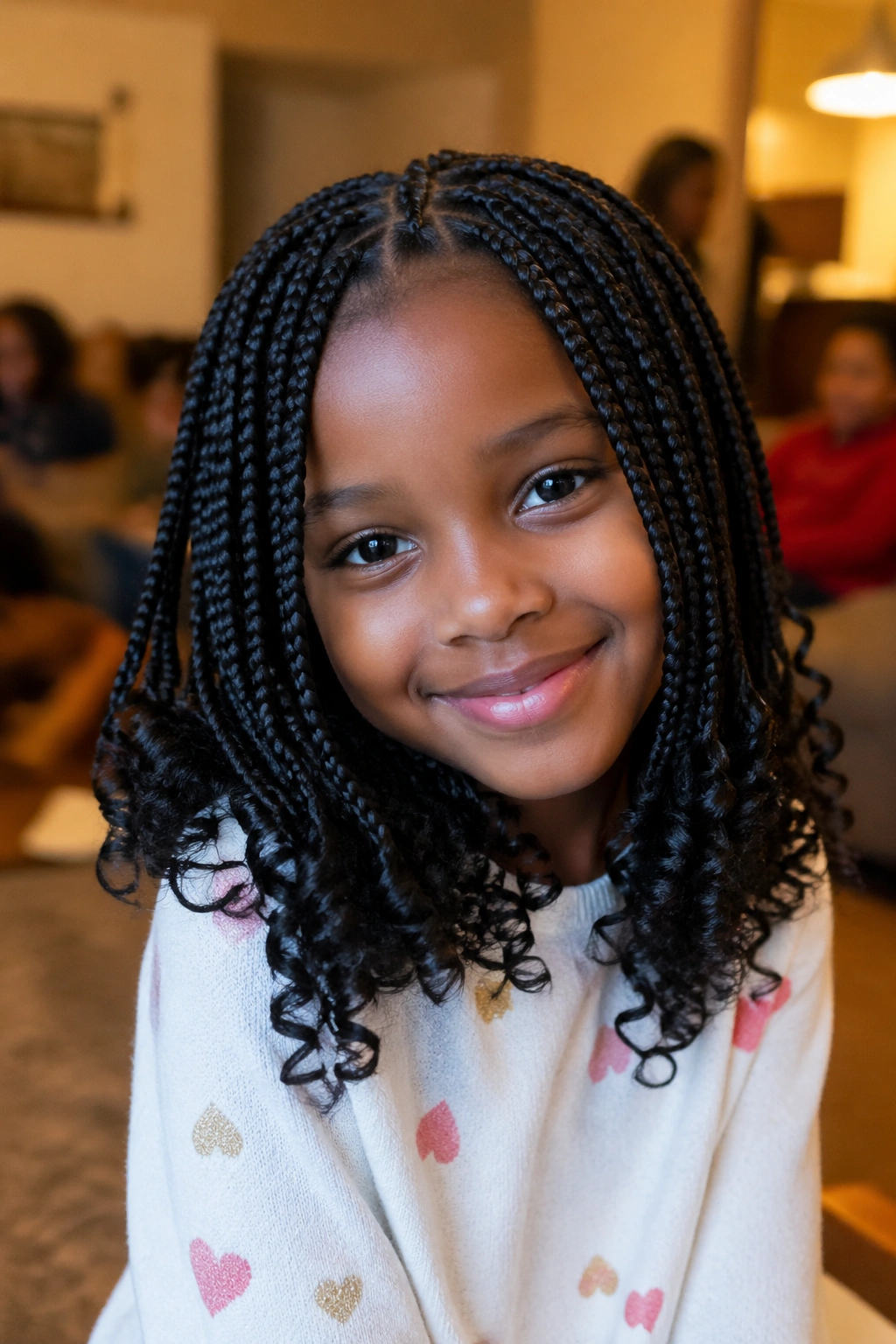 Girl's box braids with curly ends in a cozy indoor setting.