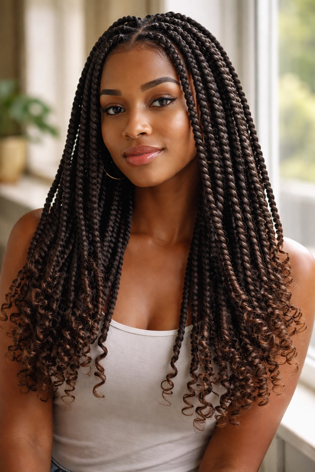 Close-up of box braids with curly ends on a real woman with thick Afro hair