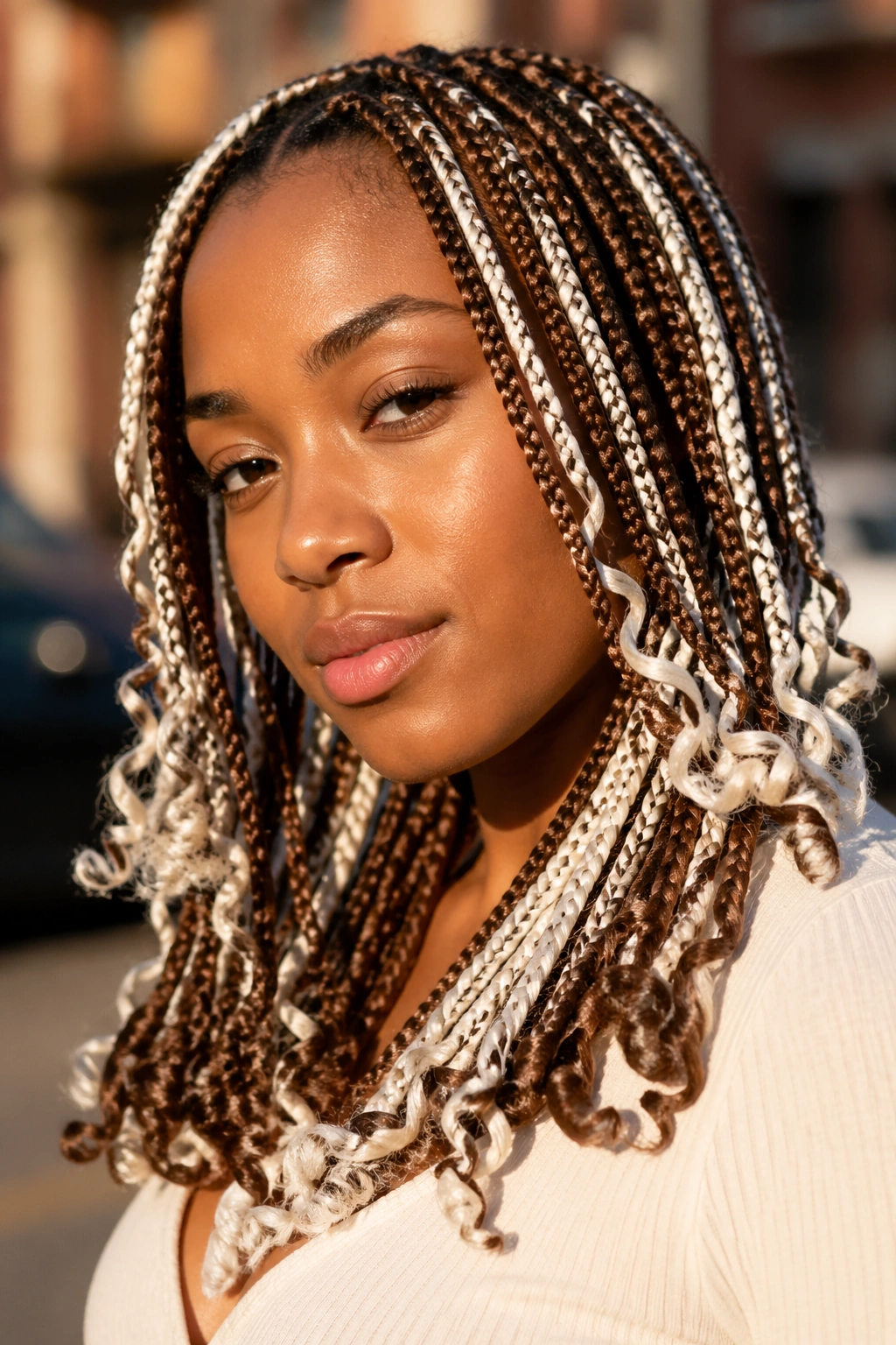 Close-up portrait of a real woman with curly-end brown and white box braids