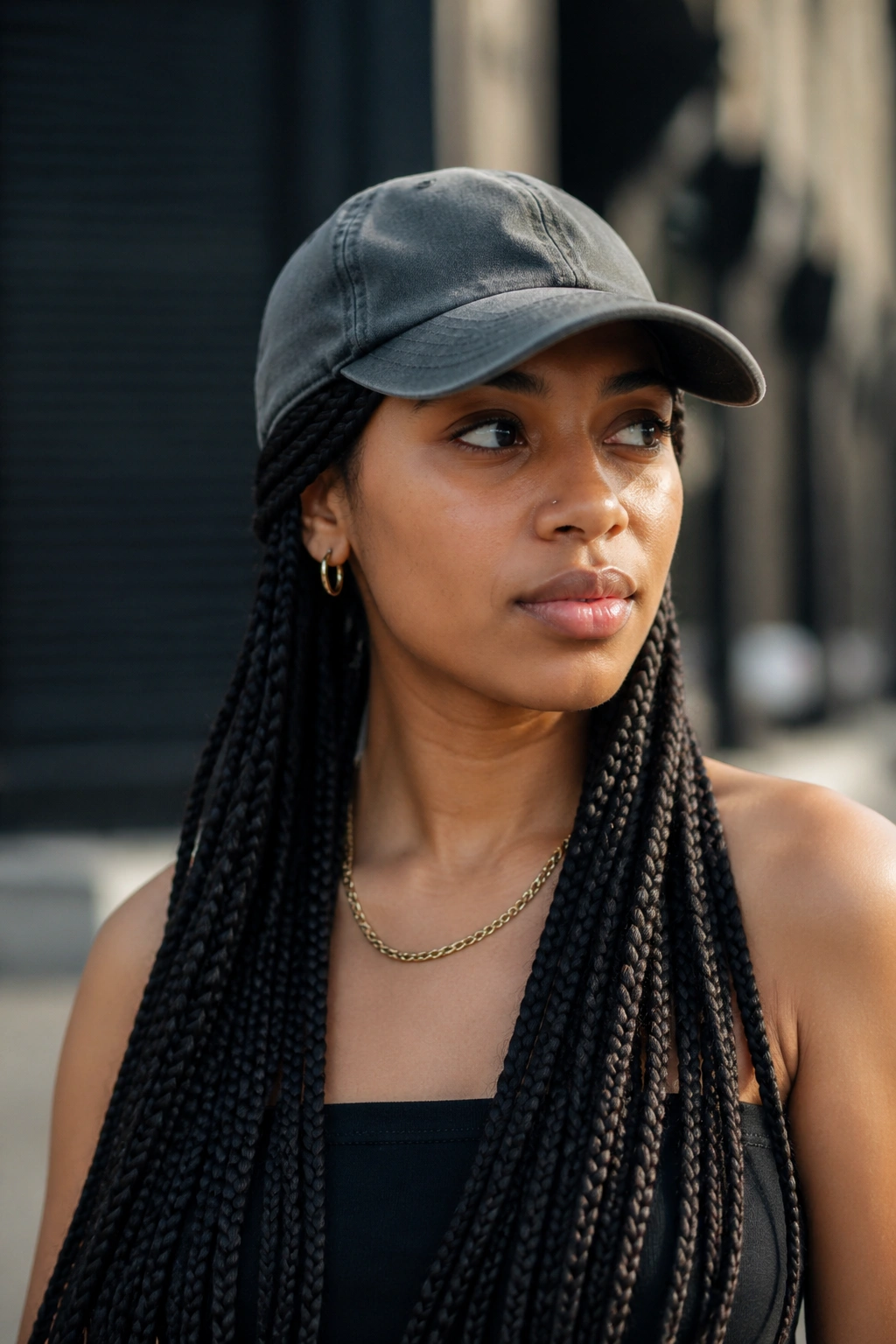 Portrait of a real person with box braids and a dad cap outdoors.