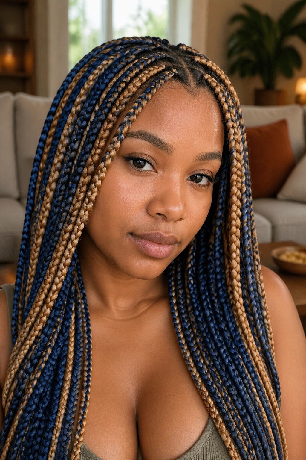 Close-up portrait of a real woman with denim blue and caramel blonde box braids.