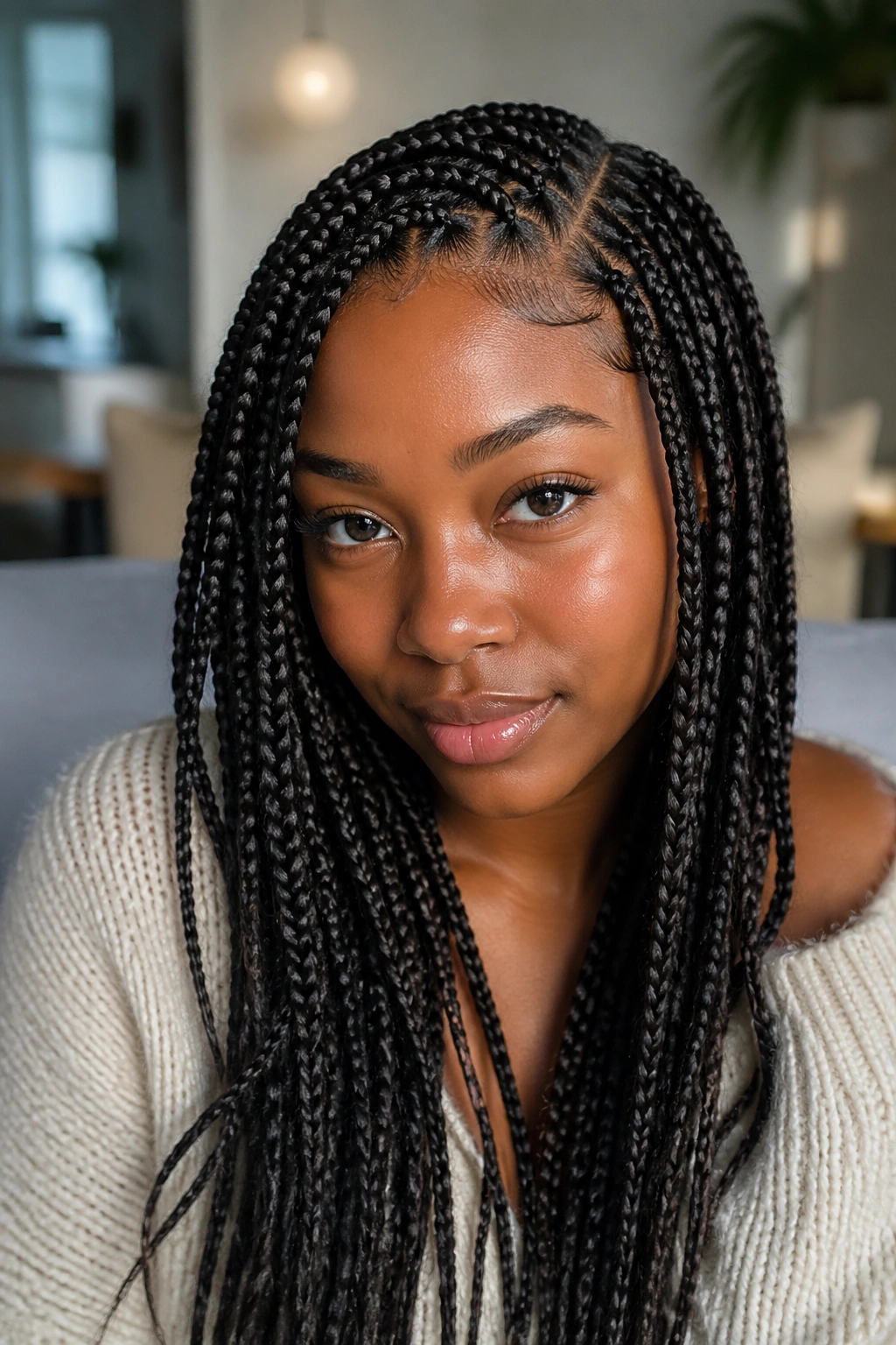 Close-up of box braids starting at scalp on short hair with extensions