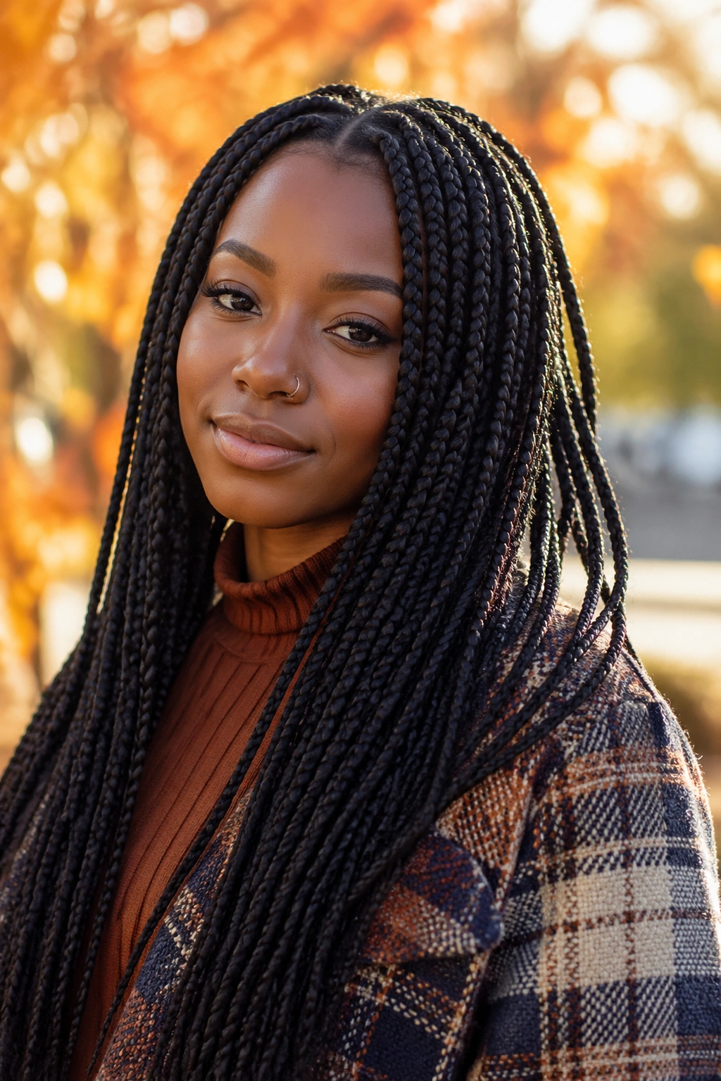 Close-up of a woman with box braids in fall outdoor light