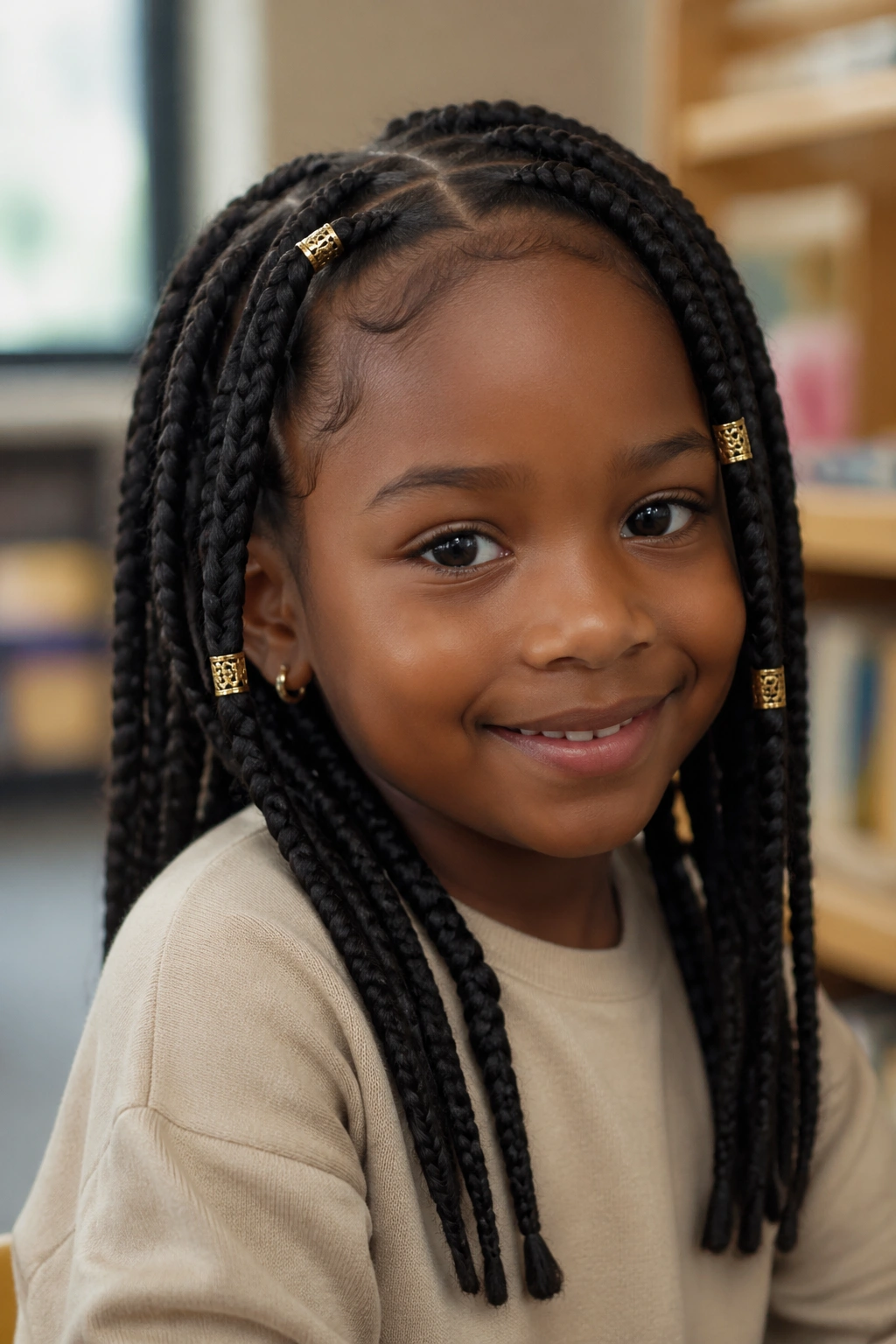 Close-up of a real girl's box braids featuring gold cuffs.