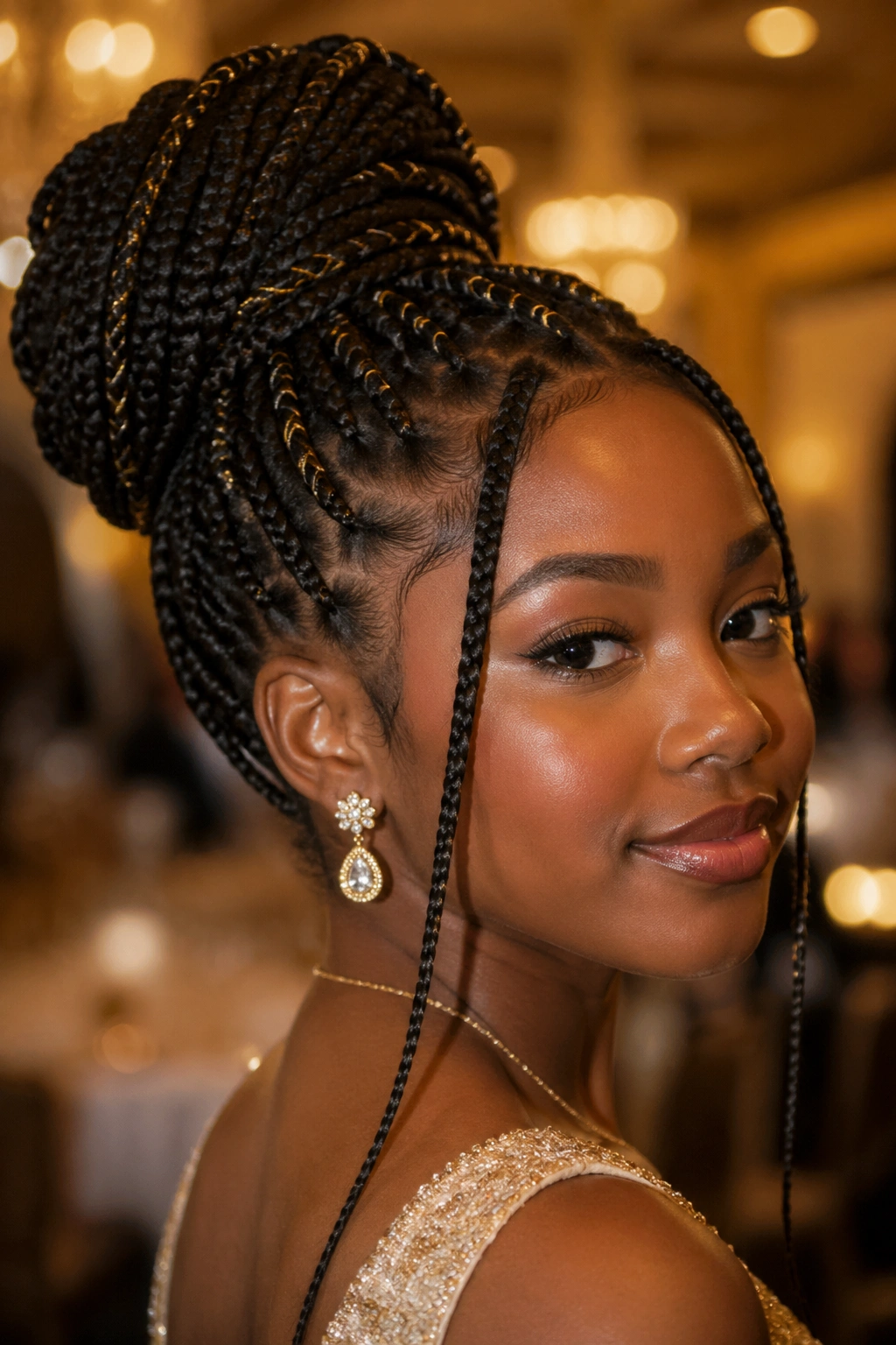 Close-up of knotless box braids with gold threads in an updo on a real woman