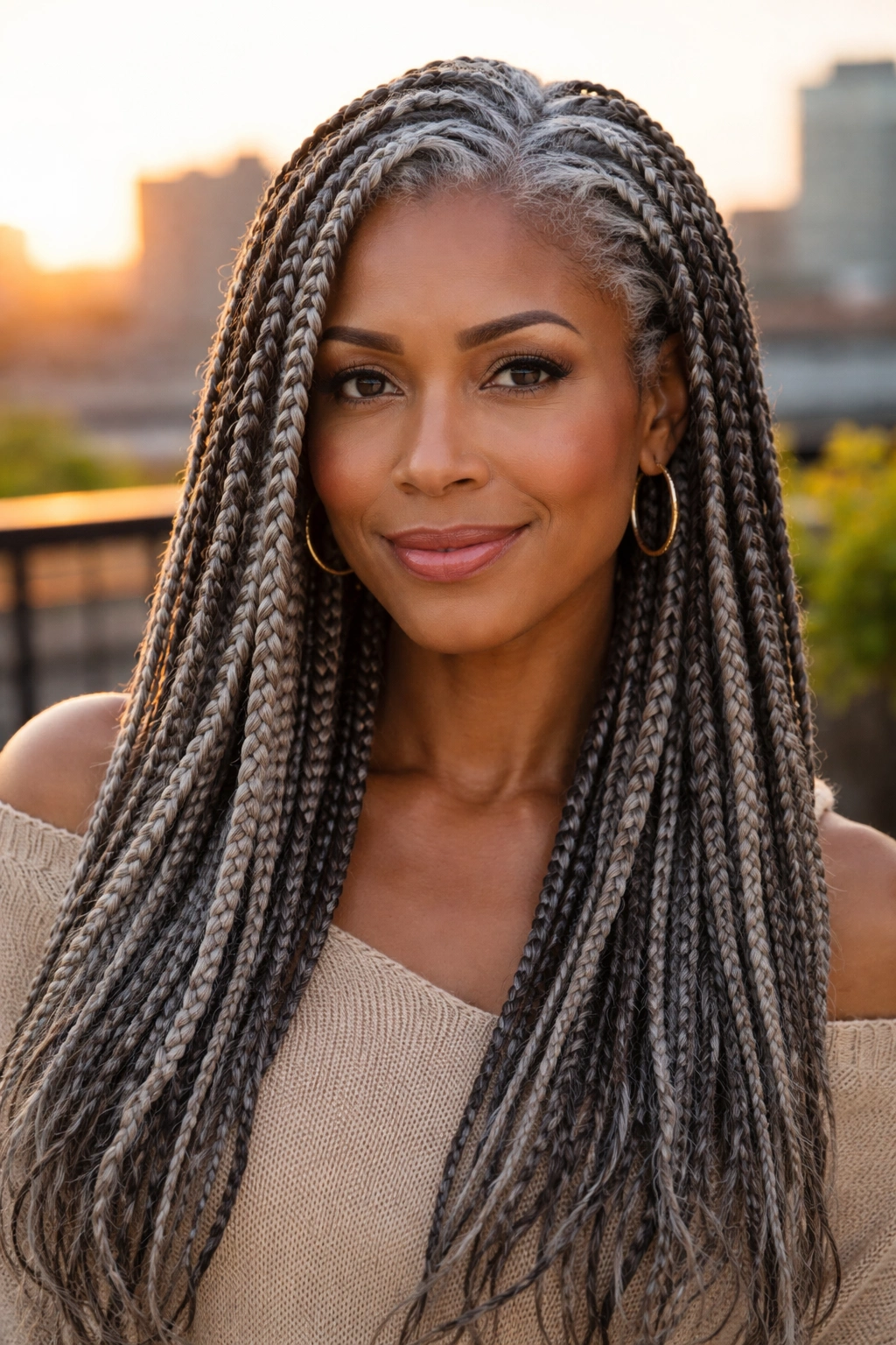 Close-up portrait of a real woman with grey box braids and silver roots