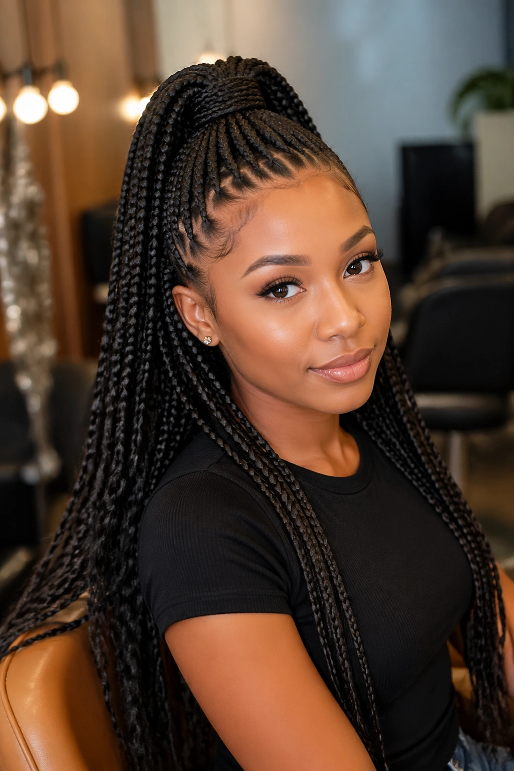 Portrait of a real woman with box braids in a high half pony