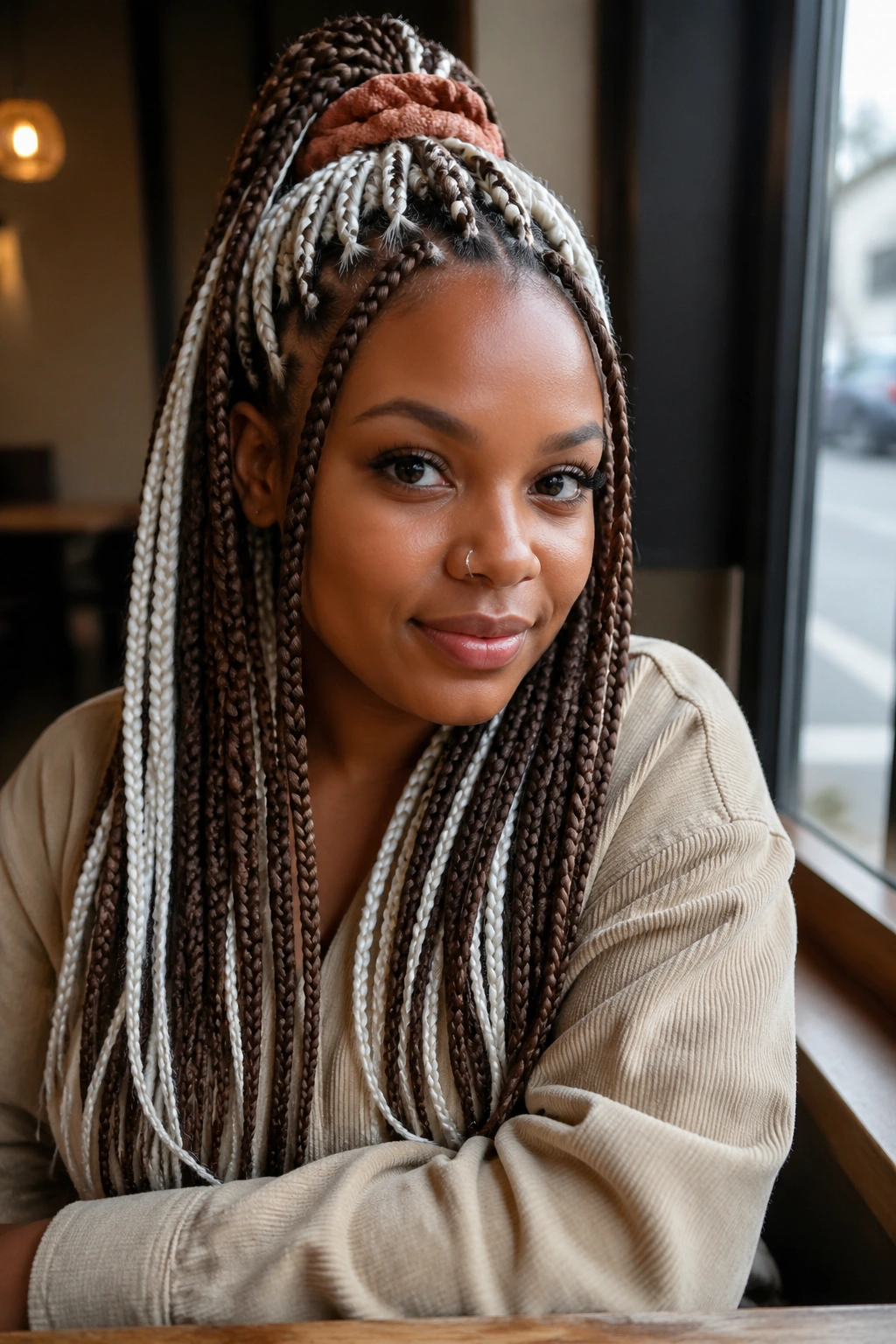 Close-up portrait of a real woman with half-up half-down brown and white box braids