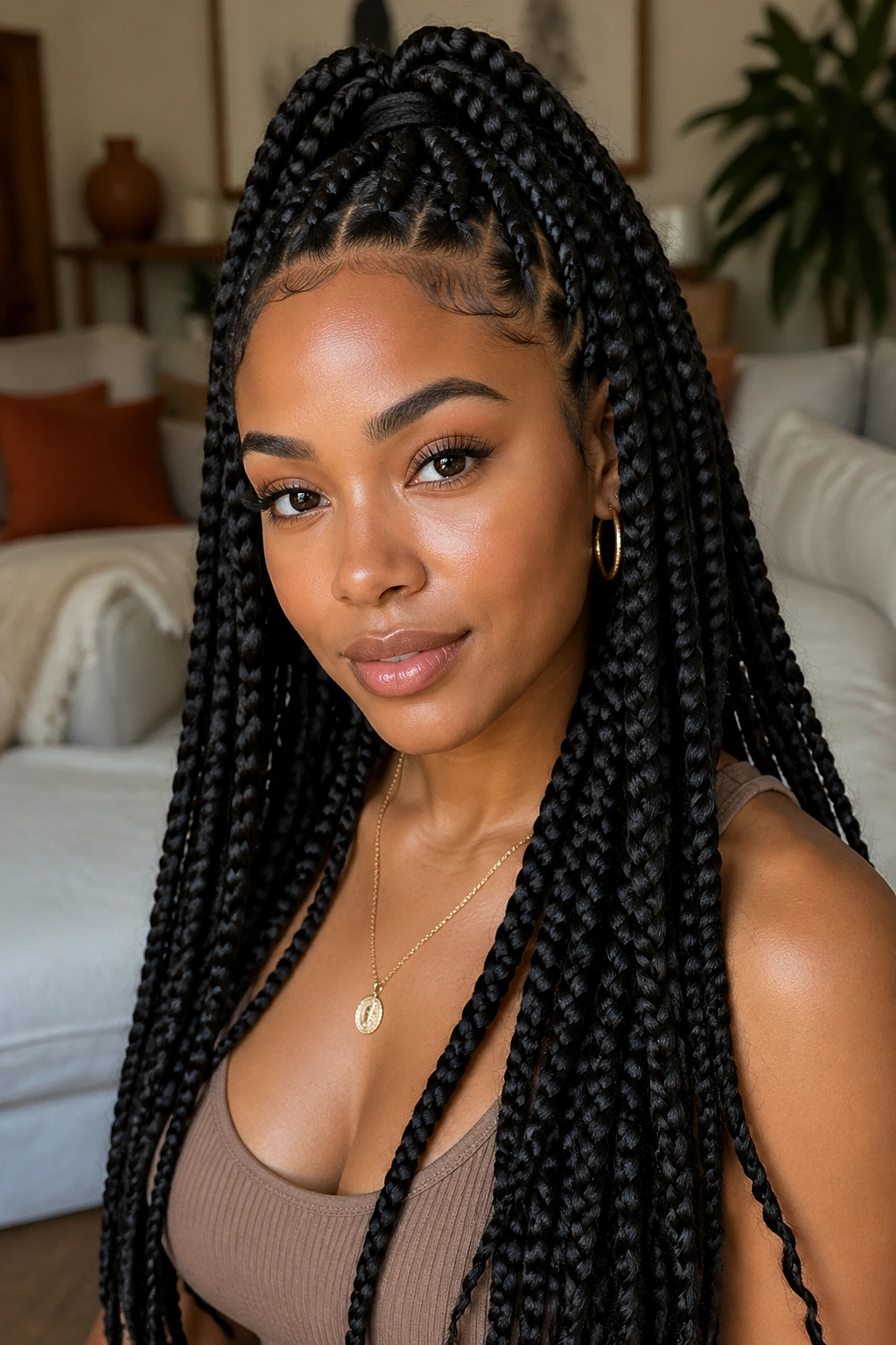 Close-up of half-up half-down jumbo box braids on a real person