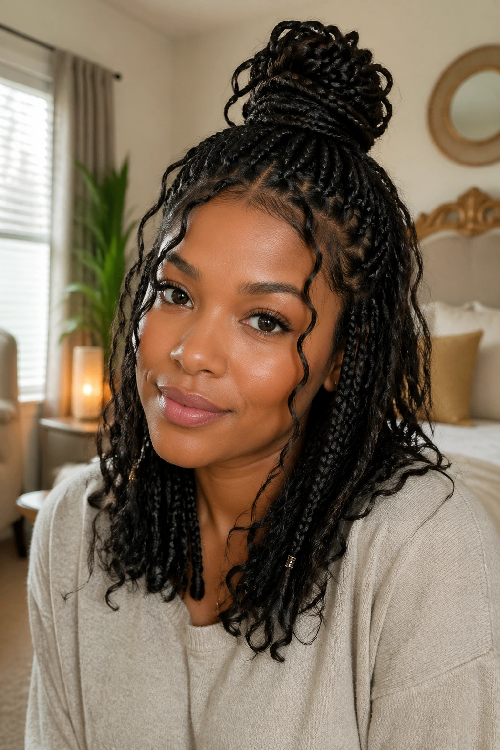 Close-up of a real woman with a half-up top knot knotless box braid hairstyle.