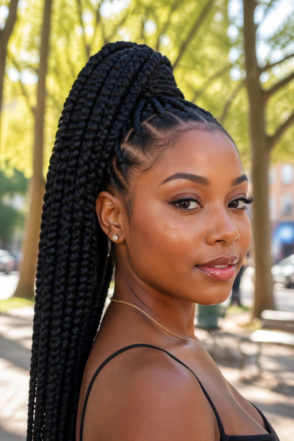 Close-up of real woman with high ponytail jumbo box braids