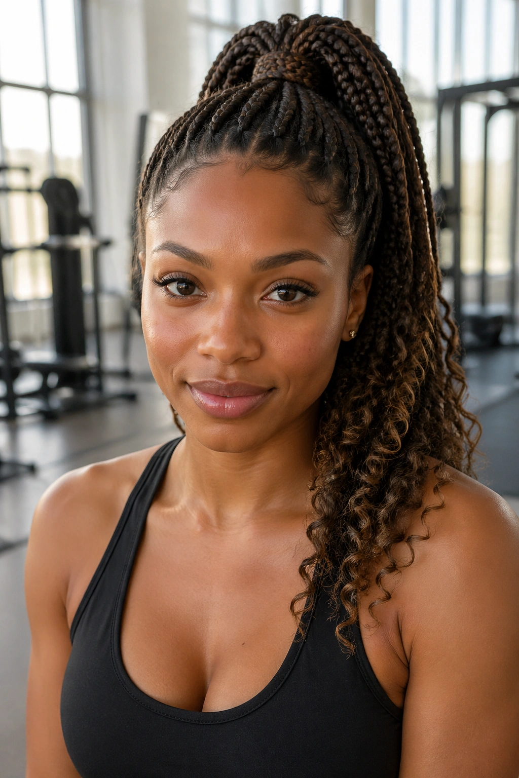 Medium close-up of a real woman with a high ponytail of knotless box braids in a gym setting.