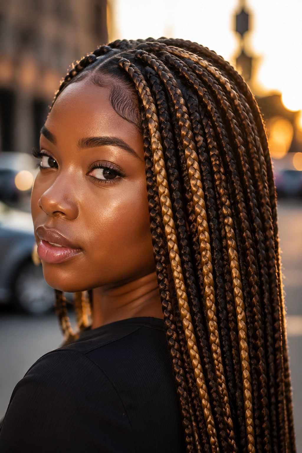 Woman with highlighted box braids showing lighter extensions throughout braids