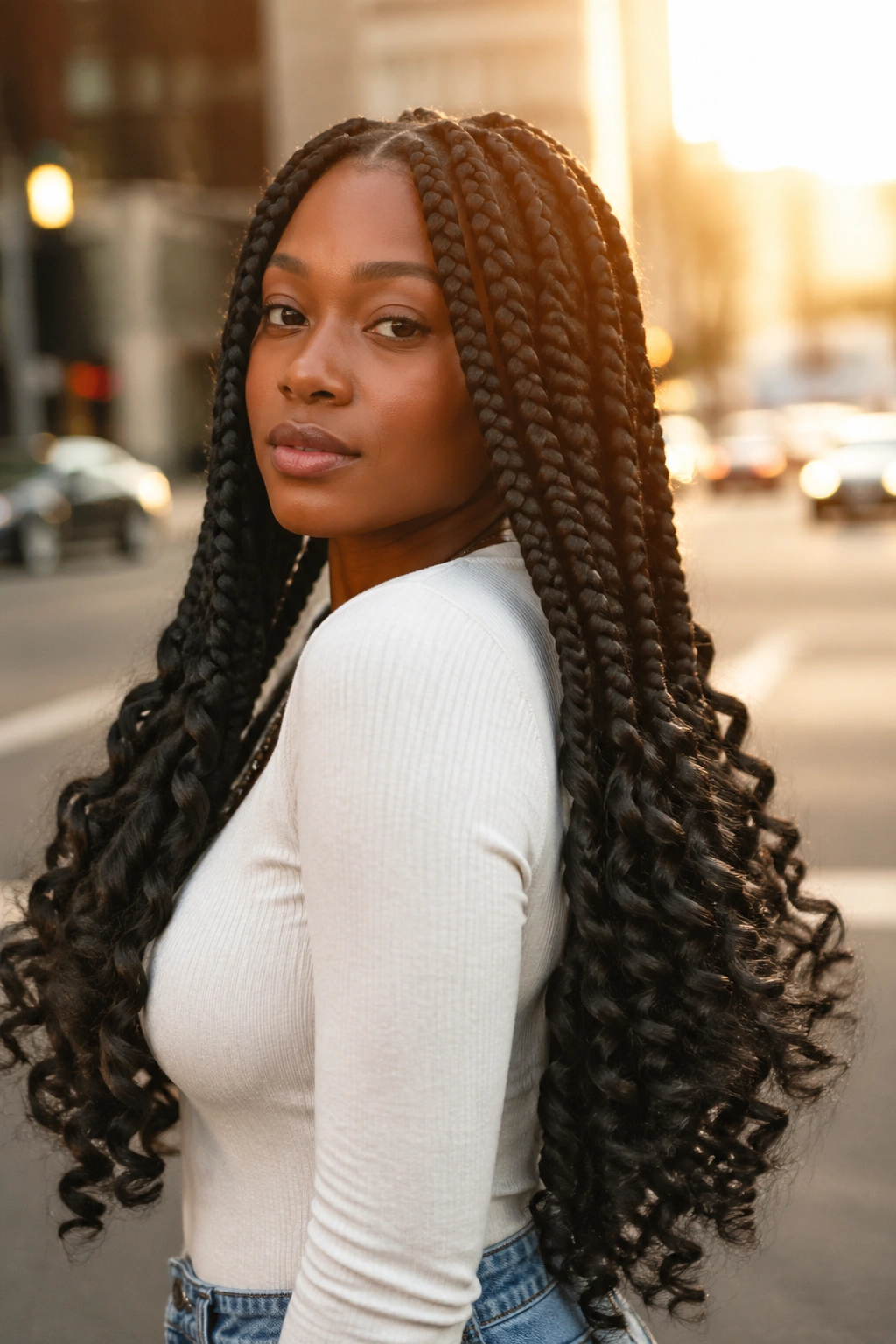 Portrait of a real person with jumbo box braids and big curl ends in golden hour street setting.
