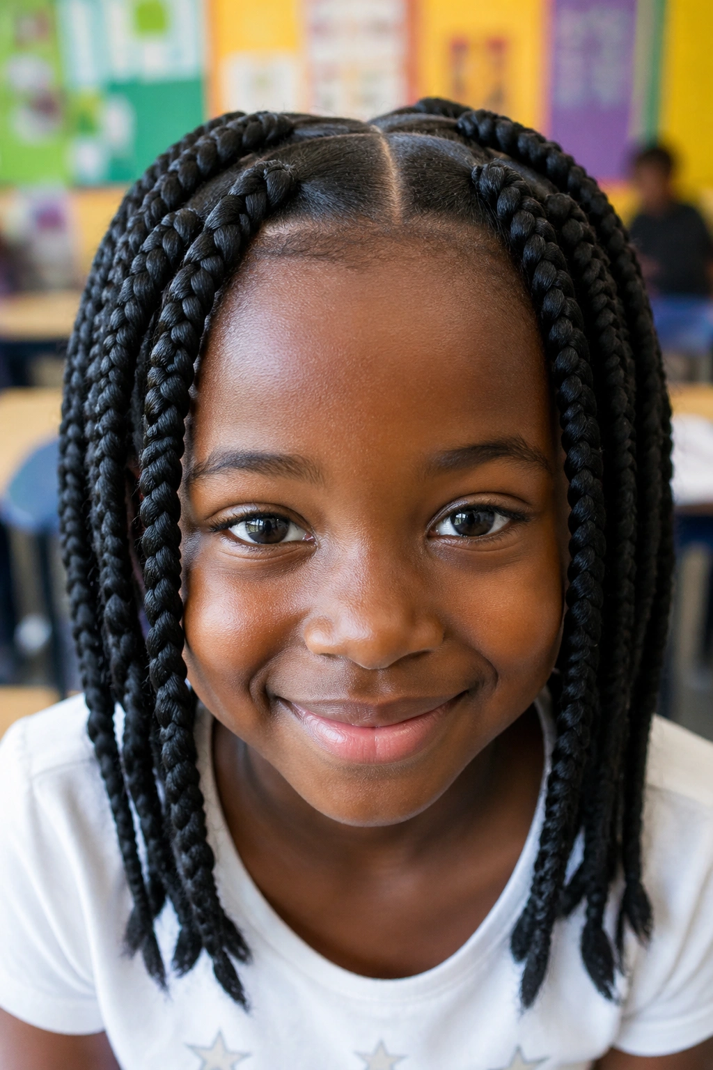 Close-up of junior-size box braids on a child’s head