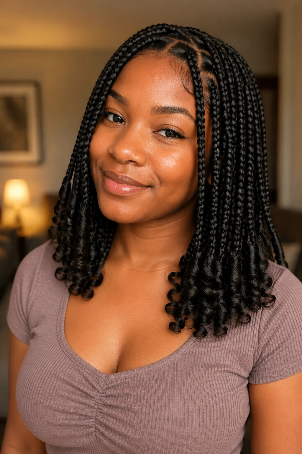 Close-up of a real person with knotless medium box braids and spiral ends in a warm home setting.
