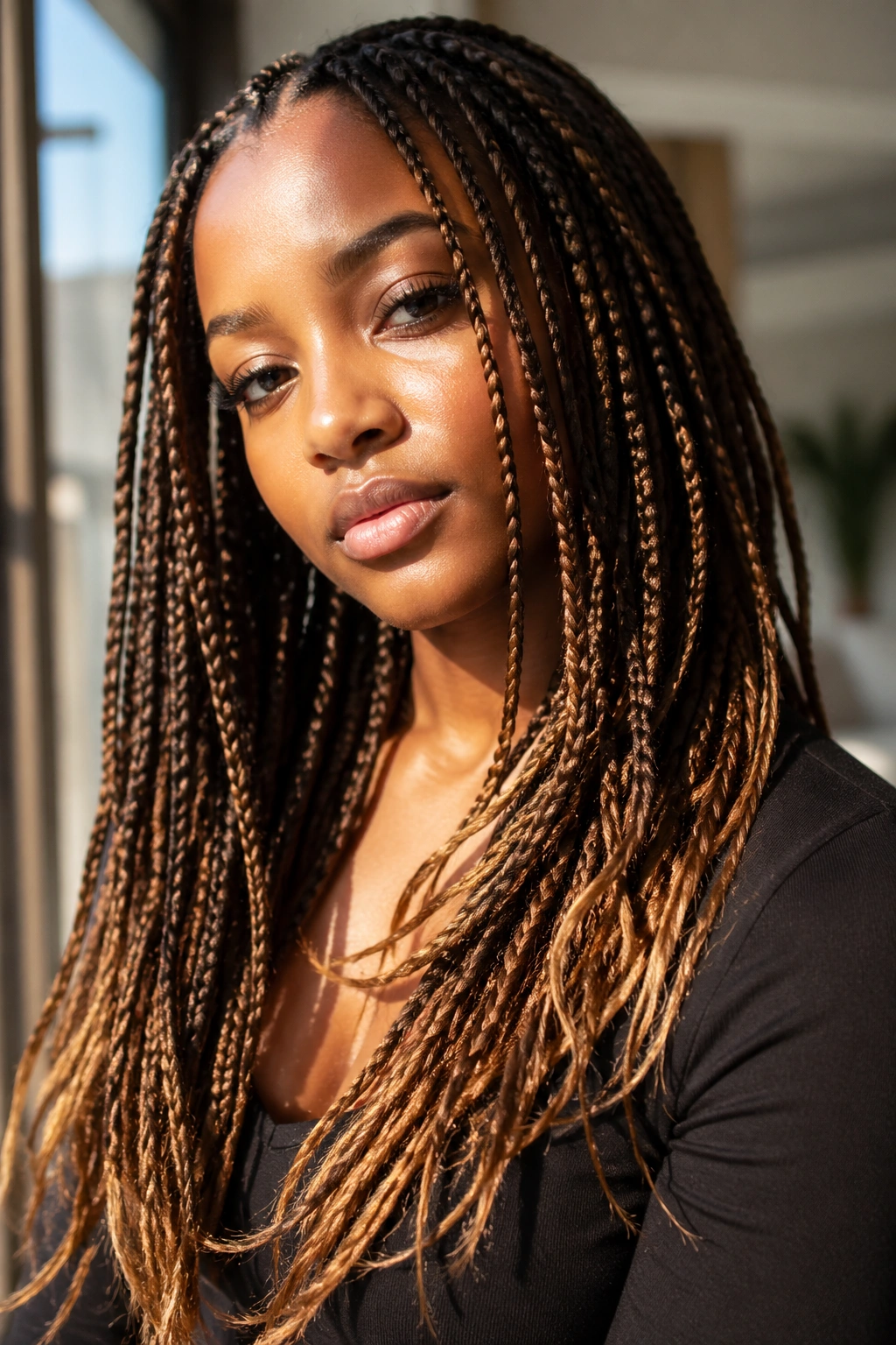Close-up of a real person with sunlit brown box braids and mixed-length layers