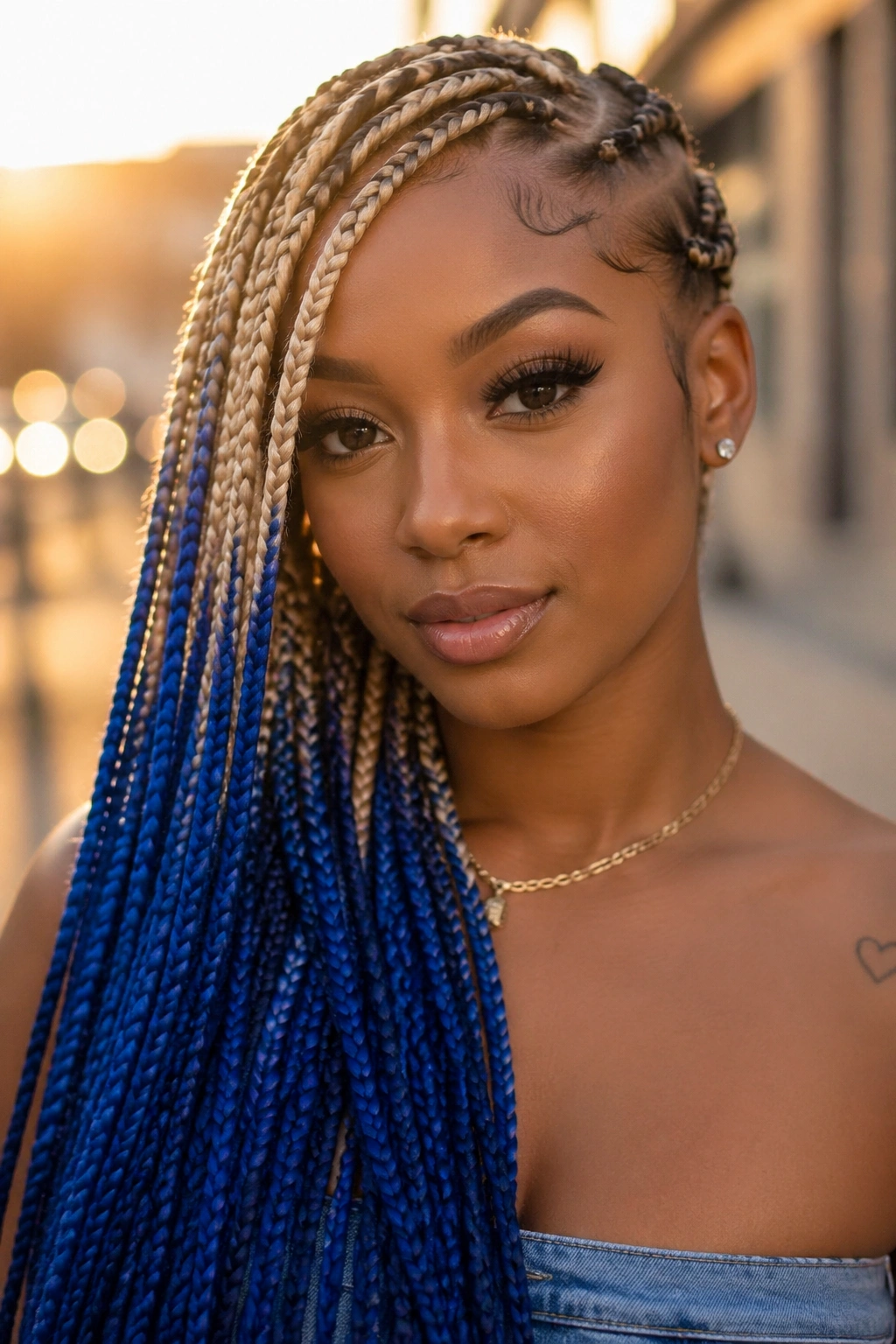 Portrait of a real woman with lemonade blonde and blue box braids swept over one shoulder.