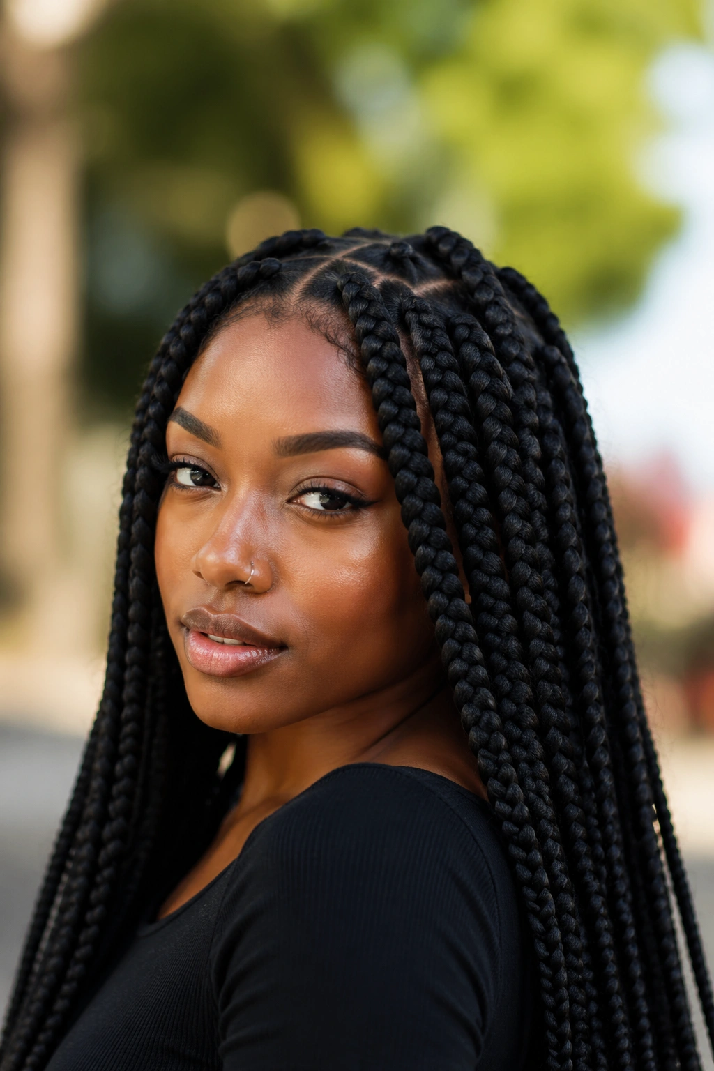 Close-up of a woman with long box braids framing her face.
