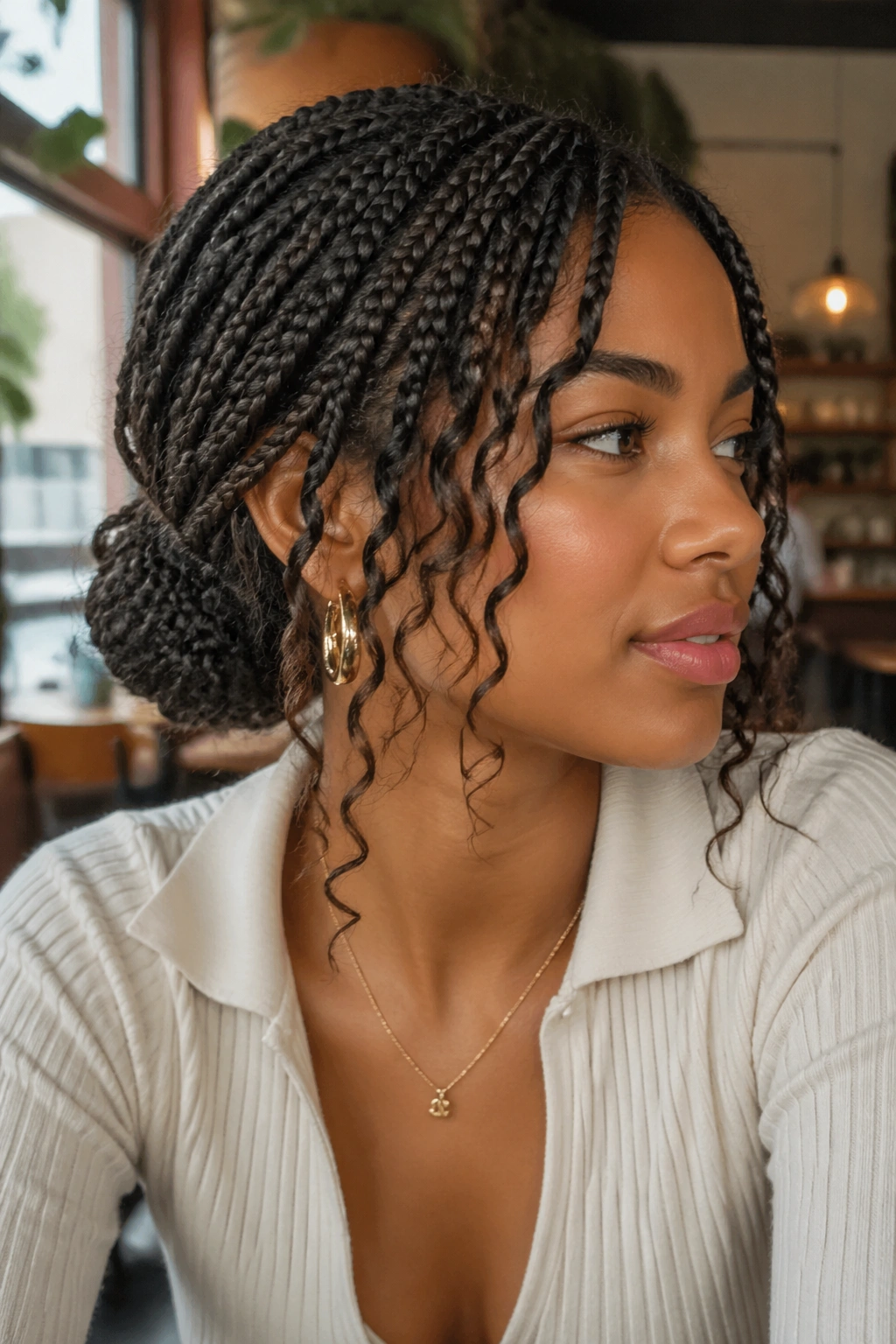 Close-up of a real woman wearing a low bun with curly dropouts around the ears.