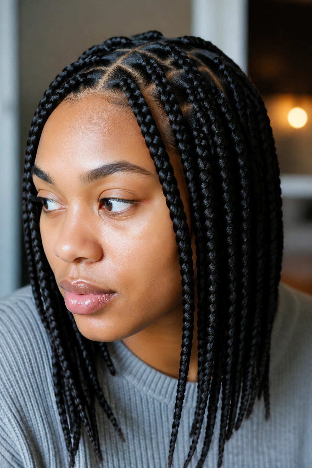 Portrait of a woman with medium box braids filling the frame