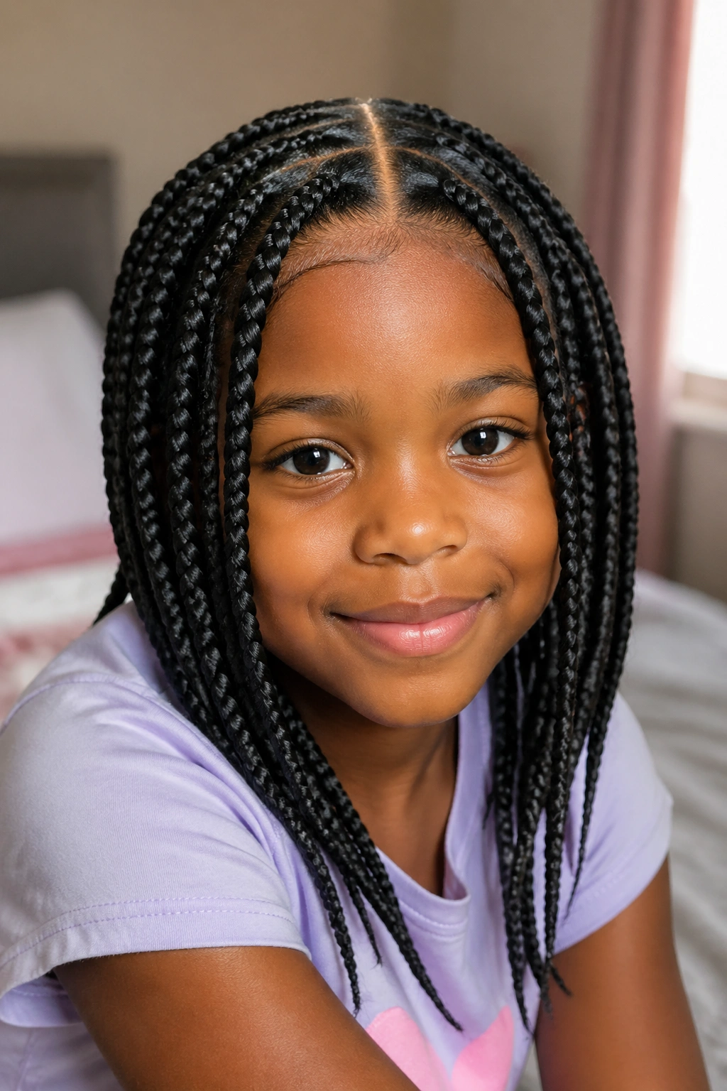 Close-up of a young girl with medium box braids on natural hair, soft window light in a cozy bedroom