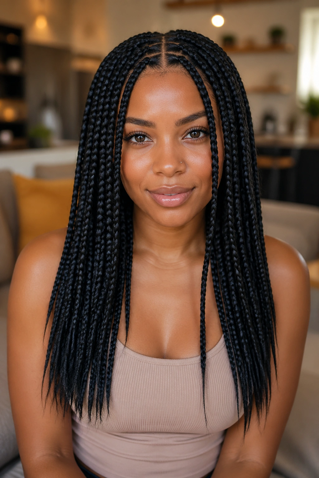 Real woman with box braids reaching mid-back, portrait shot.