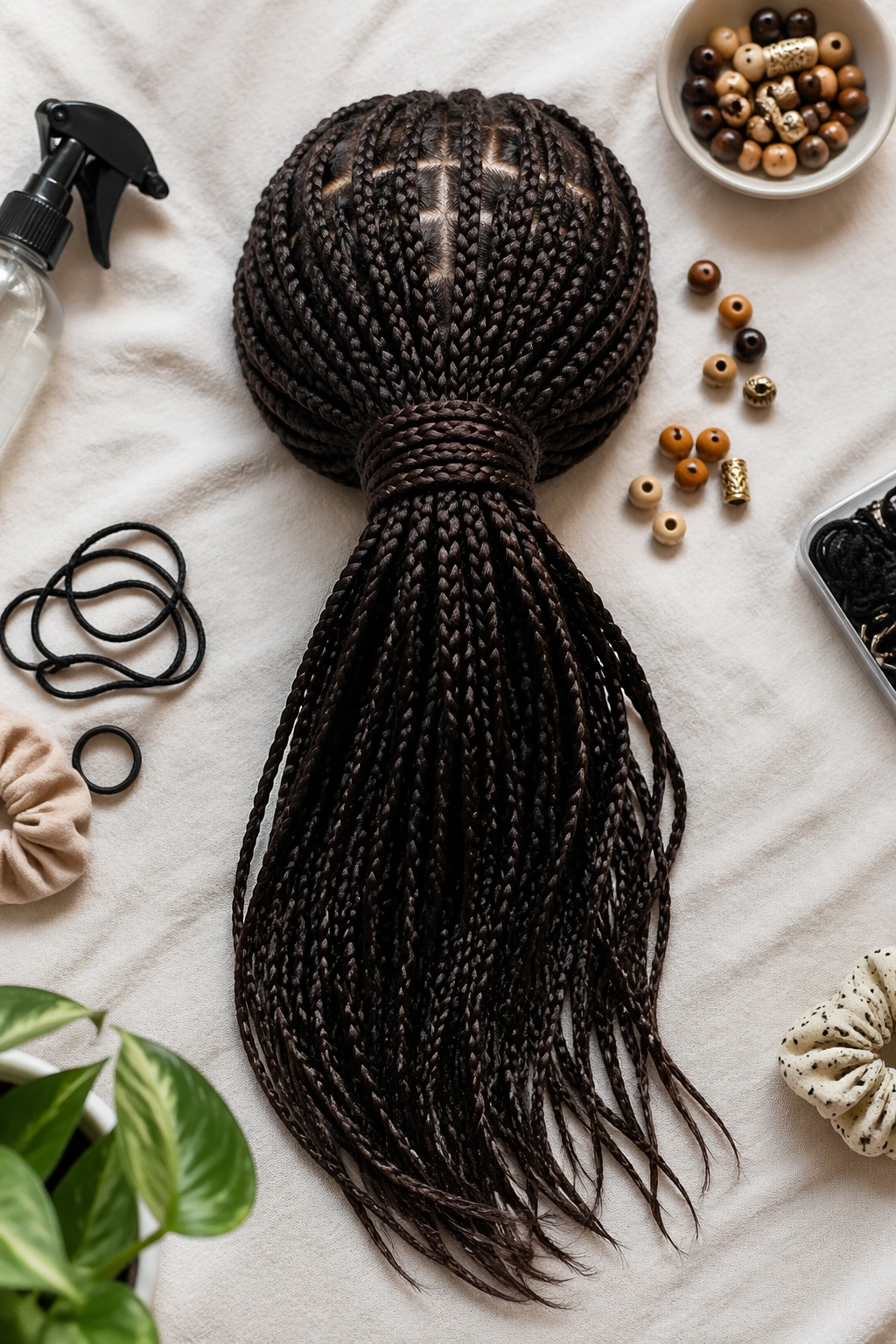 Overhead flat-lay of box braids in a mid ponytail with accessories.
