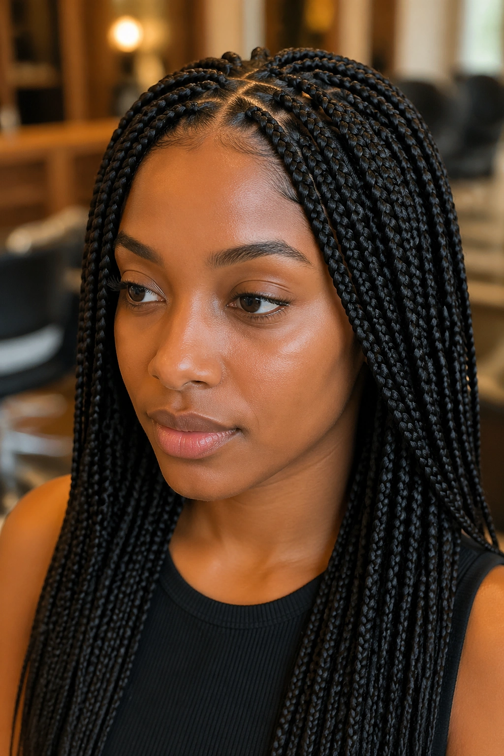 Real person with mini/medium box braids around the head in salon lighting