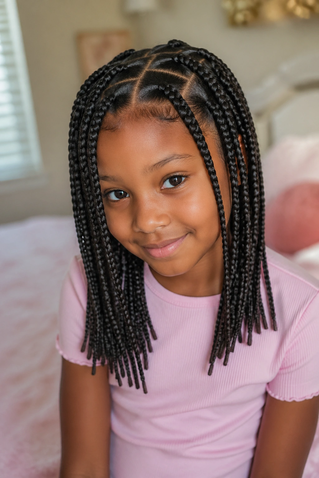 Close-up of a young girl with neat square-part box braids