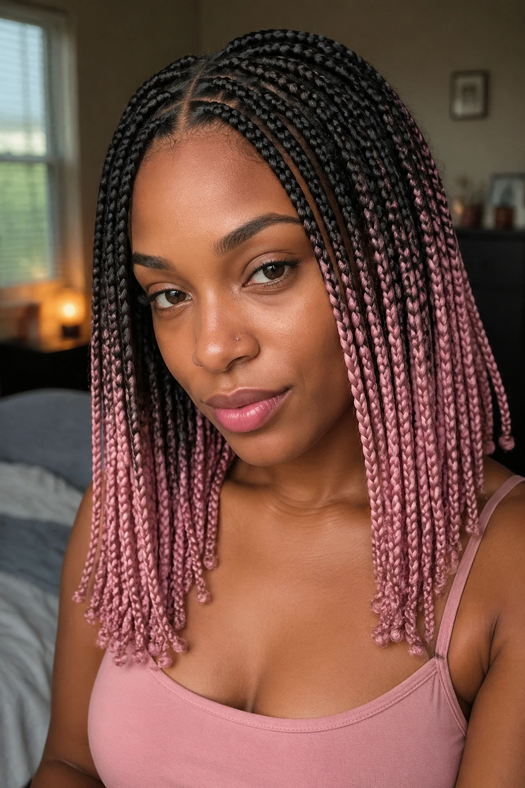 Close-up of a real woman with blush-to-black ombré box braids, dark roots fading to pink.