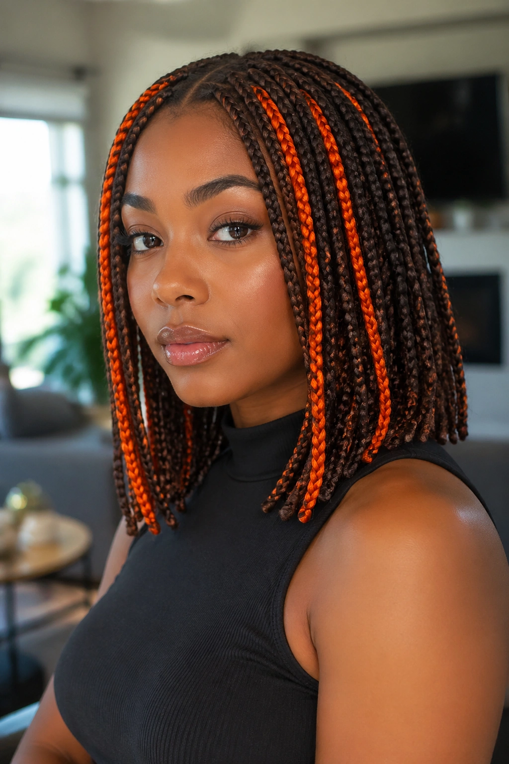 Close-up portrait of a woman with shoulder-length box braids featuring bold orange panels