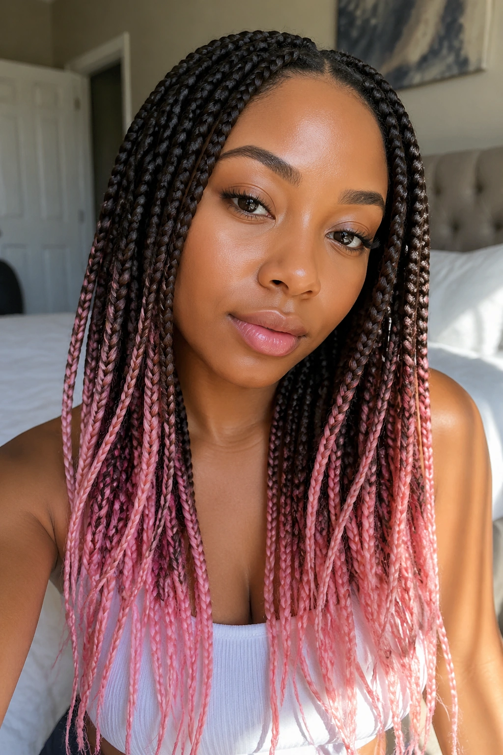 Close-up of a real woman with chocolate brown box braids ending in pink tips.