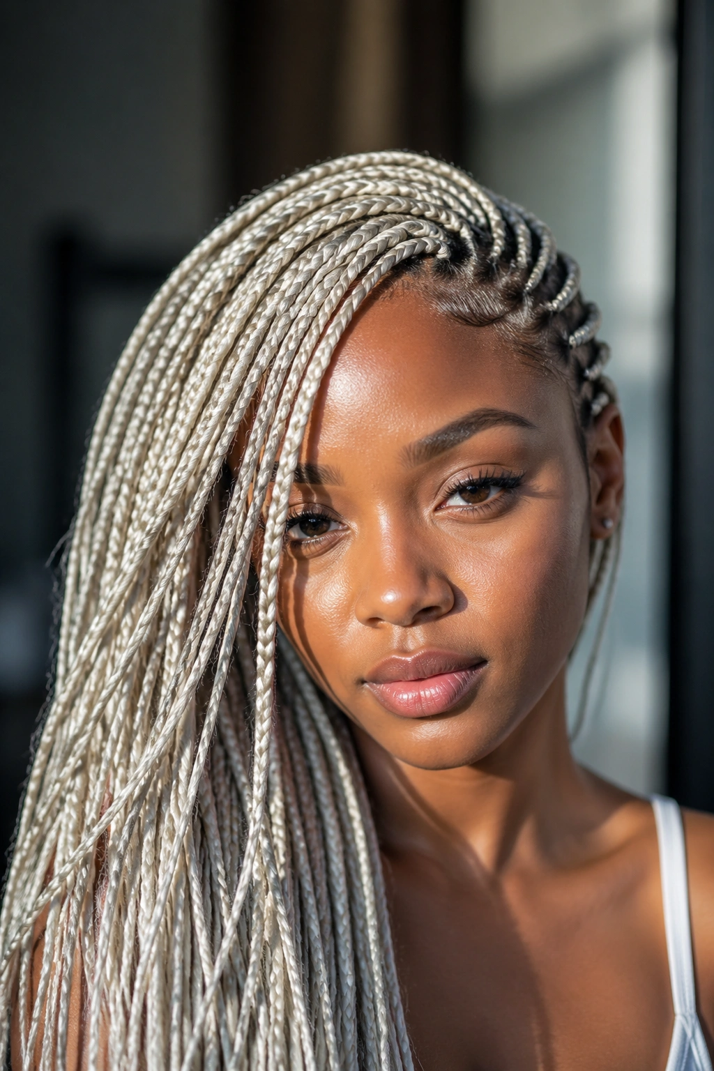 Close-up of a real woman with a deep side part platinum blend box braids