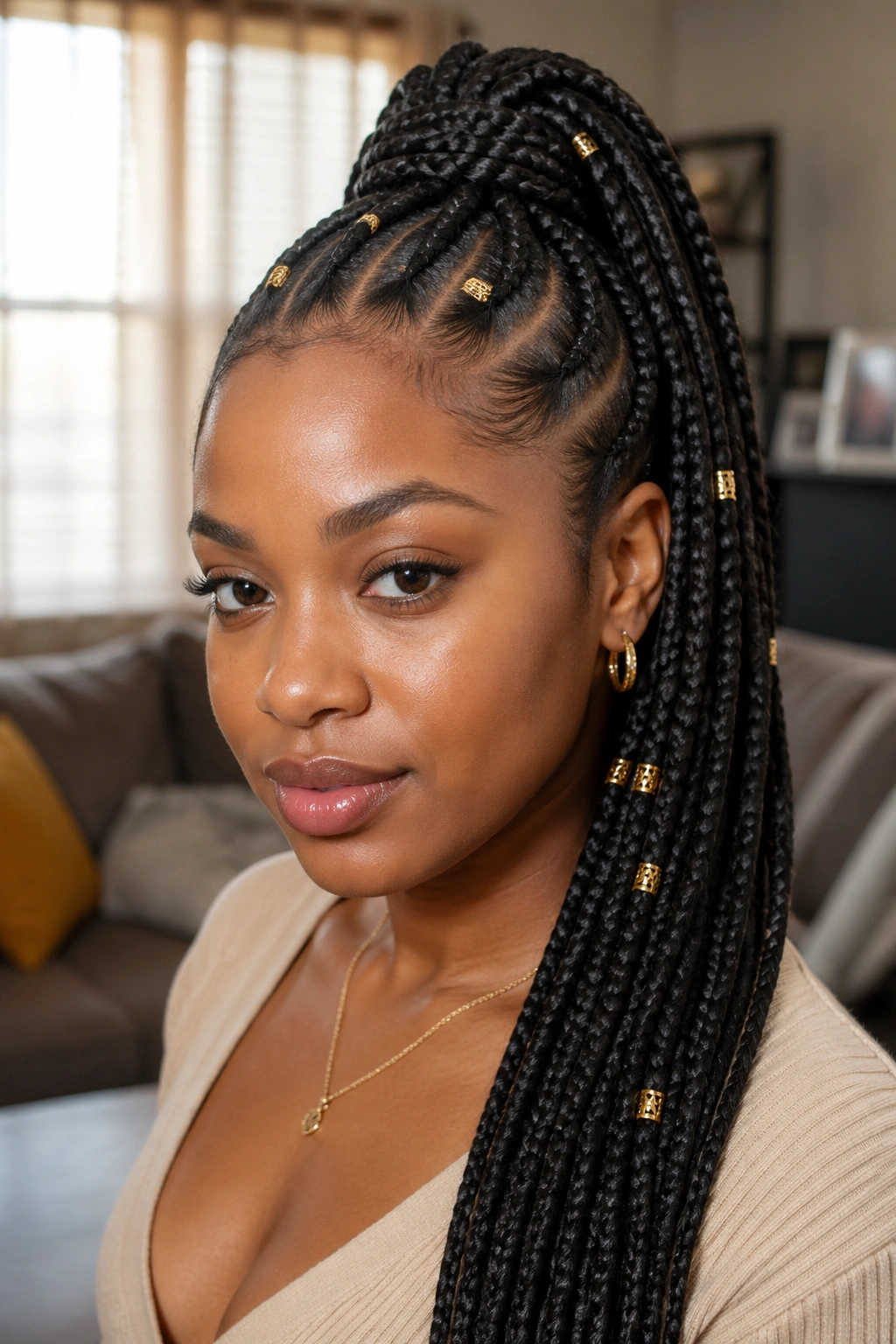 Close-up of a real woman with Braided Box Braid Pondo featuring a box braid ponytail