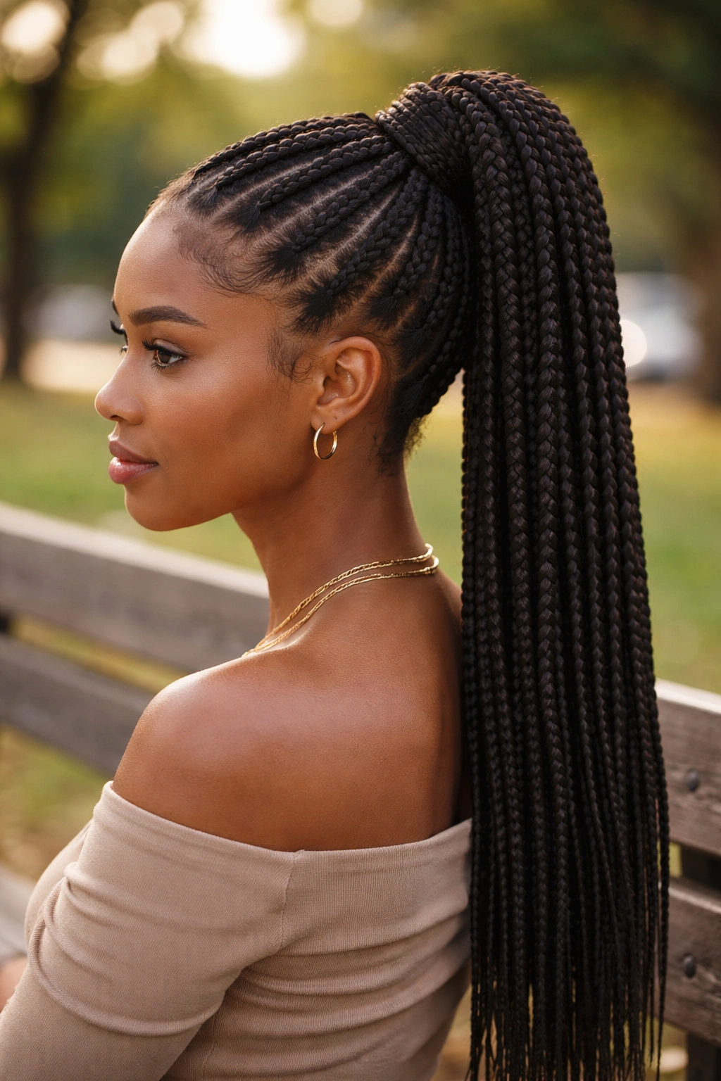 Close-up of box-braid ponytail with a neat parting on a real person