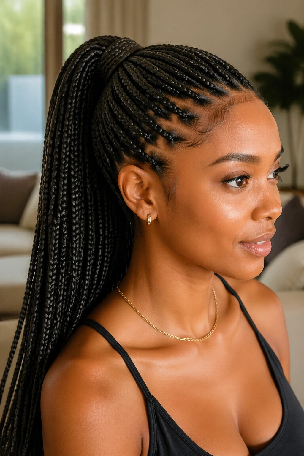 Close-up of a real woman with box-braid mid ponytail