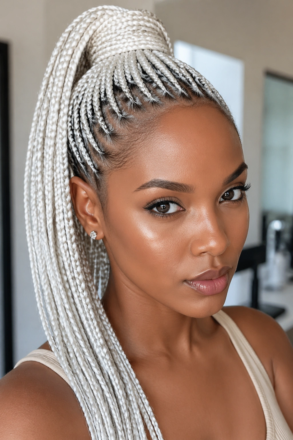 Real woman with white box braids in a high ponytail filling the frame.