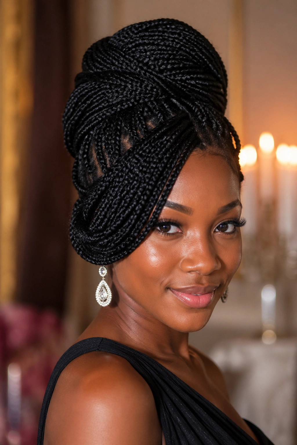Real woman with box braids styled into a prom updo