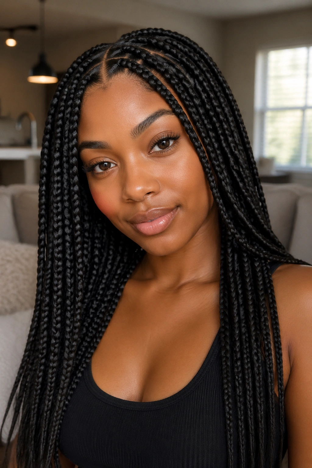 Portrait of a woman with long box braids in natural light